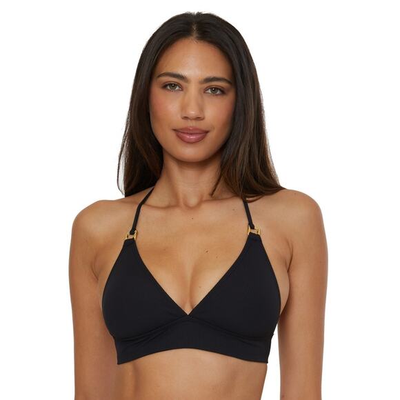 Becca Women's Modern Edge Textured Rib Halter Bikini Top, Black, Size S 0069 - Picture 1 of 4